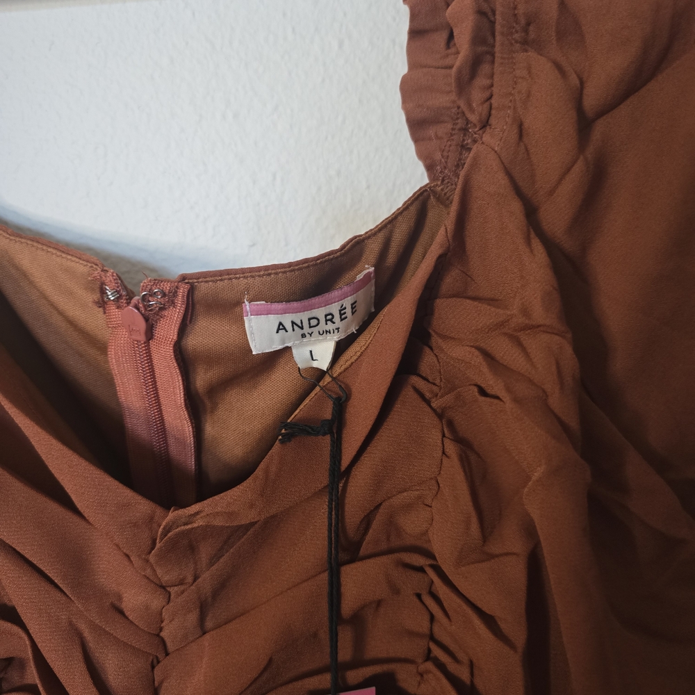 Andrée By Unit Brown Long Sleeve Ruffle Boho Mini Fall Dress New Size Large - Picture 3 of 6